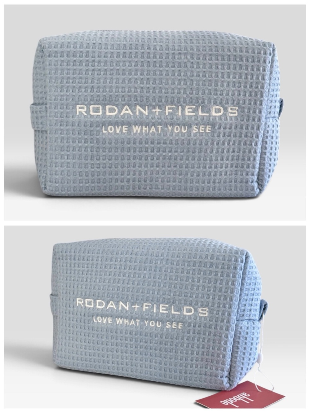ABBODE R&F Waffle Knit Periwinkle Blue Cotton Cosmetic Bag, Large Zip-Around - Picture 4 of 17